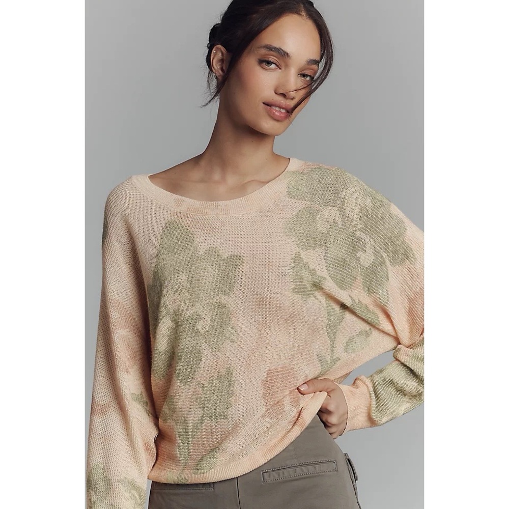 Anthropologie Printed-Linen Pullover Sweater Floral Lightweight Chic Breathable